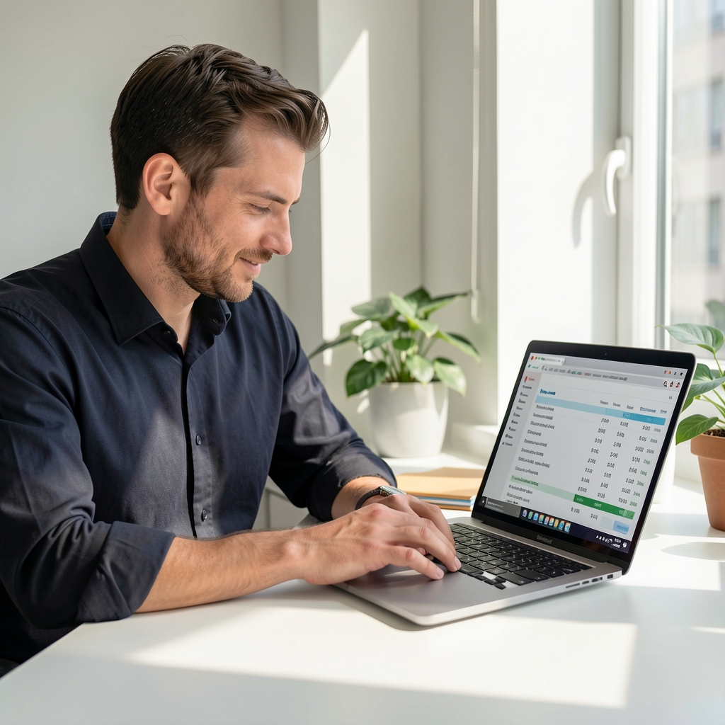 Man in a dark shirt reviewing nutritional data on a laptop at a bright desk, natural daylight casting soft shadows across the workspace