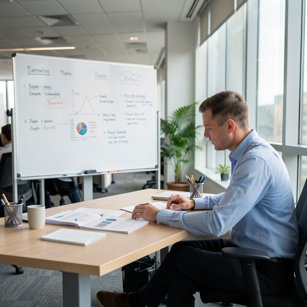 Man with short hair seated at a standing desk looking at research documents, a whiteboard with notes visible in the background of a modern office space