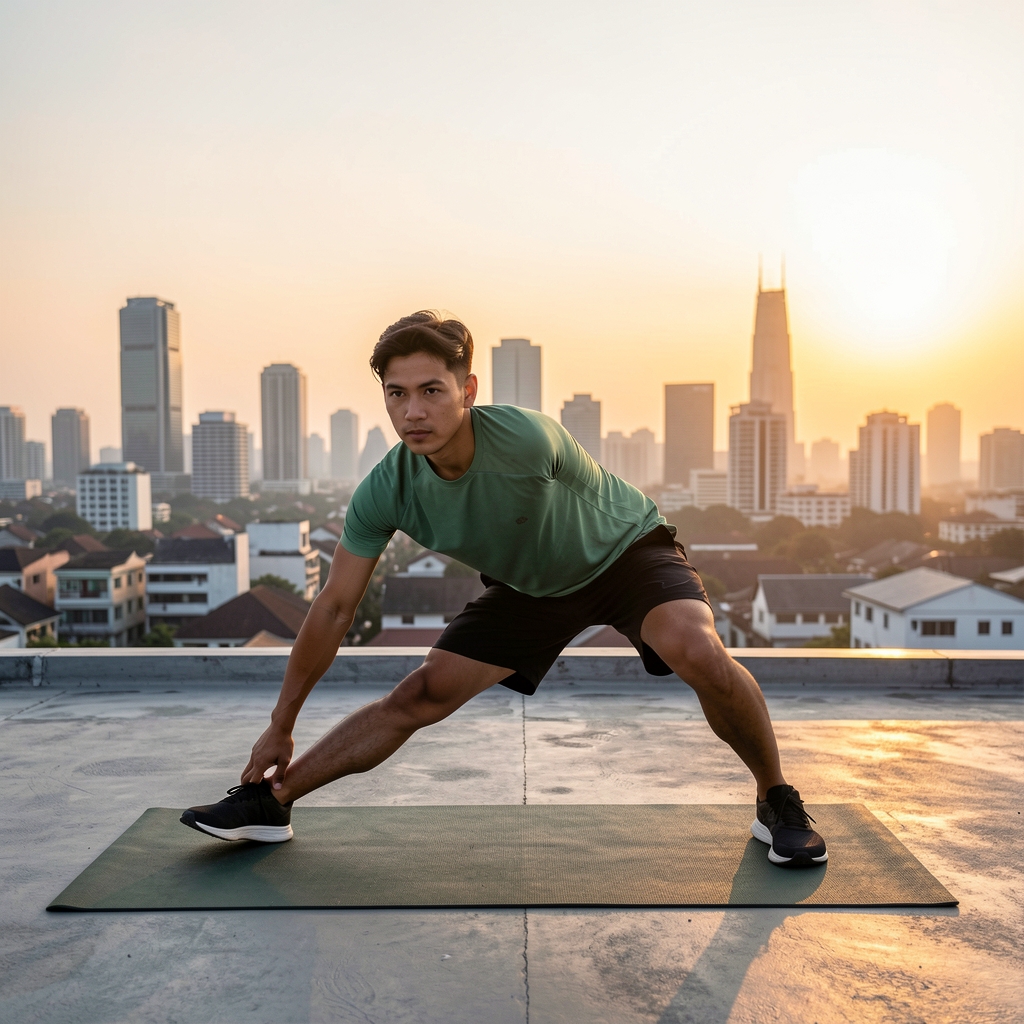Man in athletic wear performing a morning workout stretch on a Jakarta rooftop at sunrise, city skyline visible in the background