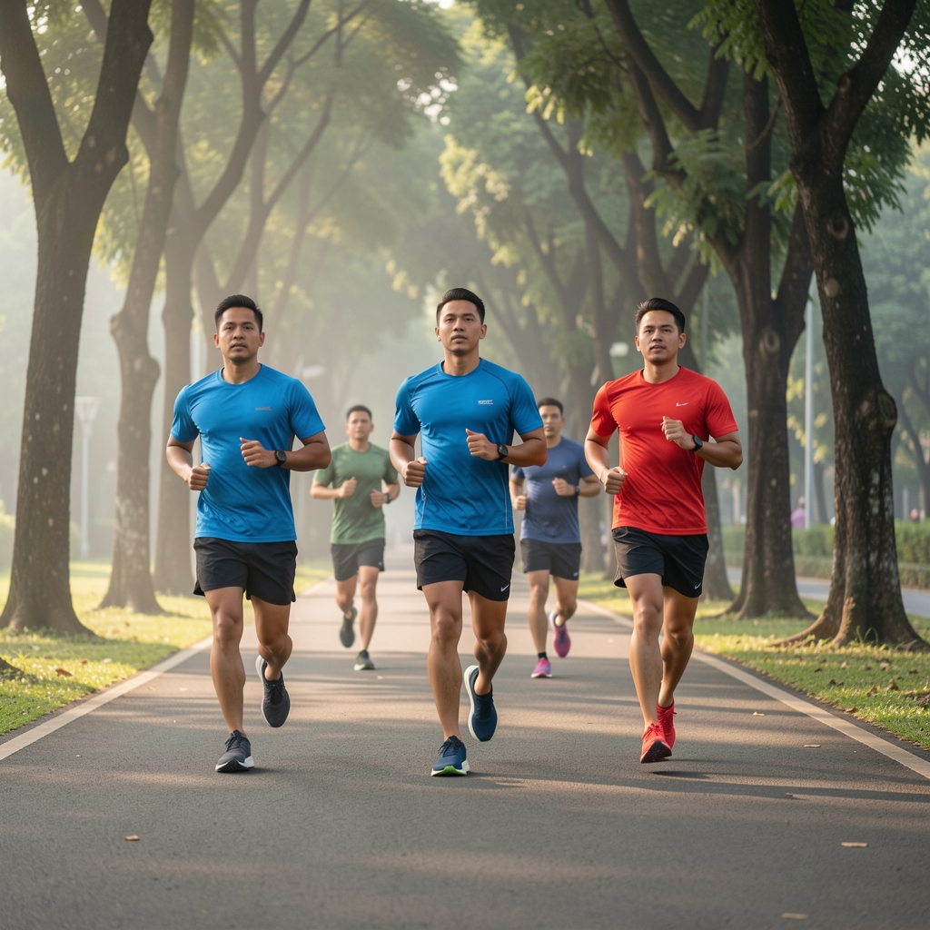 Group of men jogging along a tree-lined park path in Jakarta early morning, wearing athletic gear and running shoes