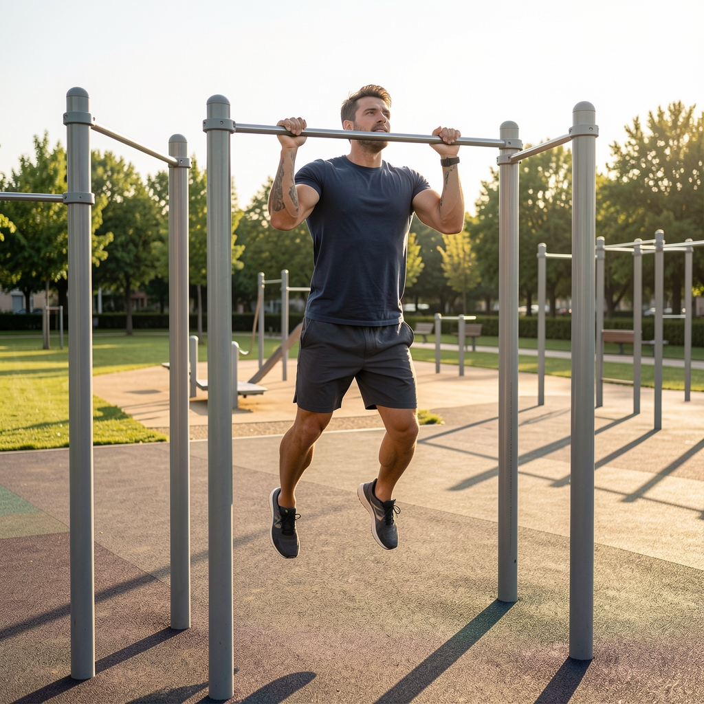 Man performing bodyweight pull-ups on an outdoor bar at a public fitness park, morning sunlight casting long shadows