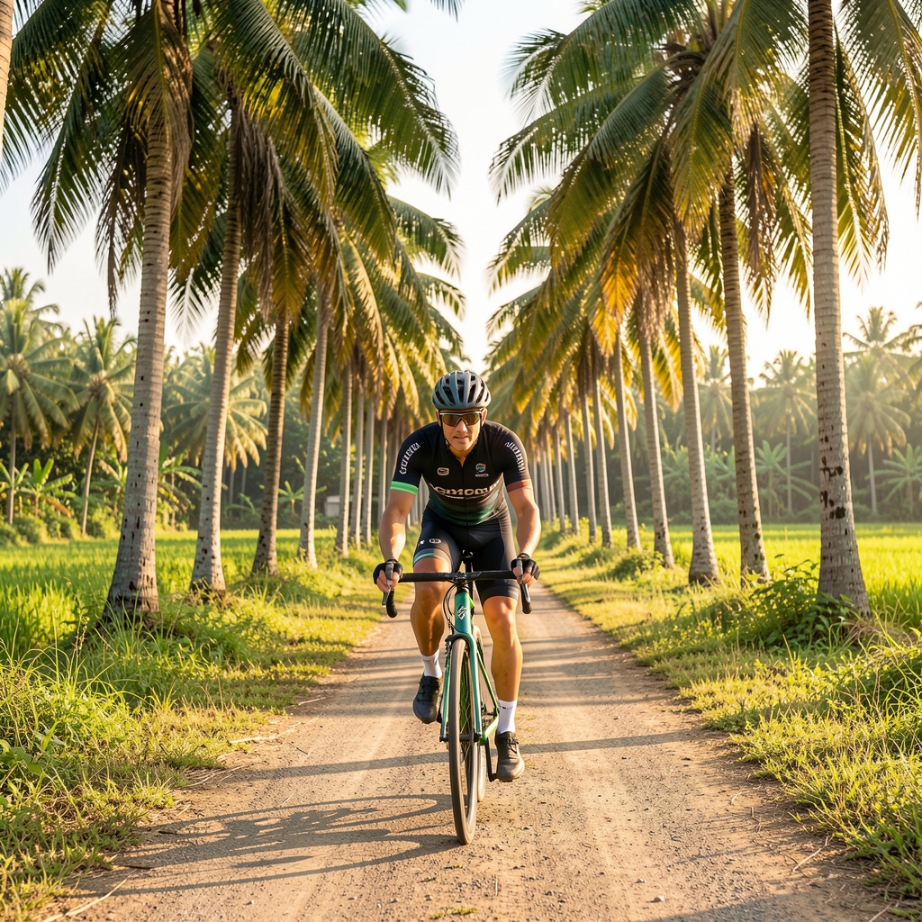 Cyclist on a road bike passing through tropical countryside on a weekend morning ride, palm trees lining the route