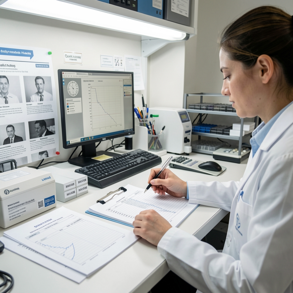 Quality control workspace with reference documents, batch codes printed on labels, and a researcher reviewing composition data under bright studio lighting in a clean environment