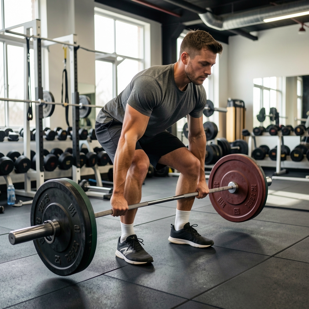 Man performing deadlift with proper form in a well-lit training space, gym floor visible with equipment in the background