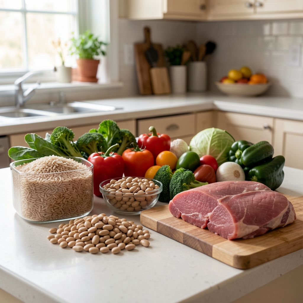Fresh whole ingredients arranged on a kitchen counter — brown rice, vegetables, legumes, and lean protein sources in natural afternoon light