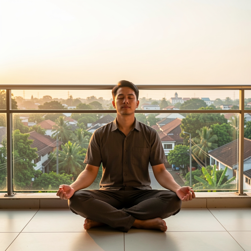 Man meditating in a seated cross-legged position on a balcony overlooking a green Jakarta neighbourhood at sunrise, eyes closed and posture relaxed